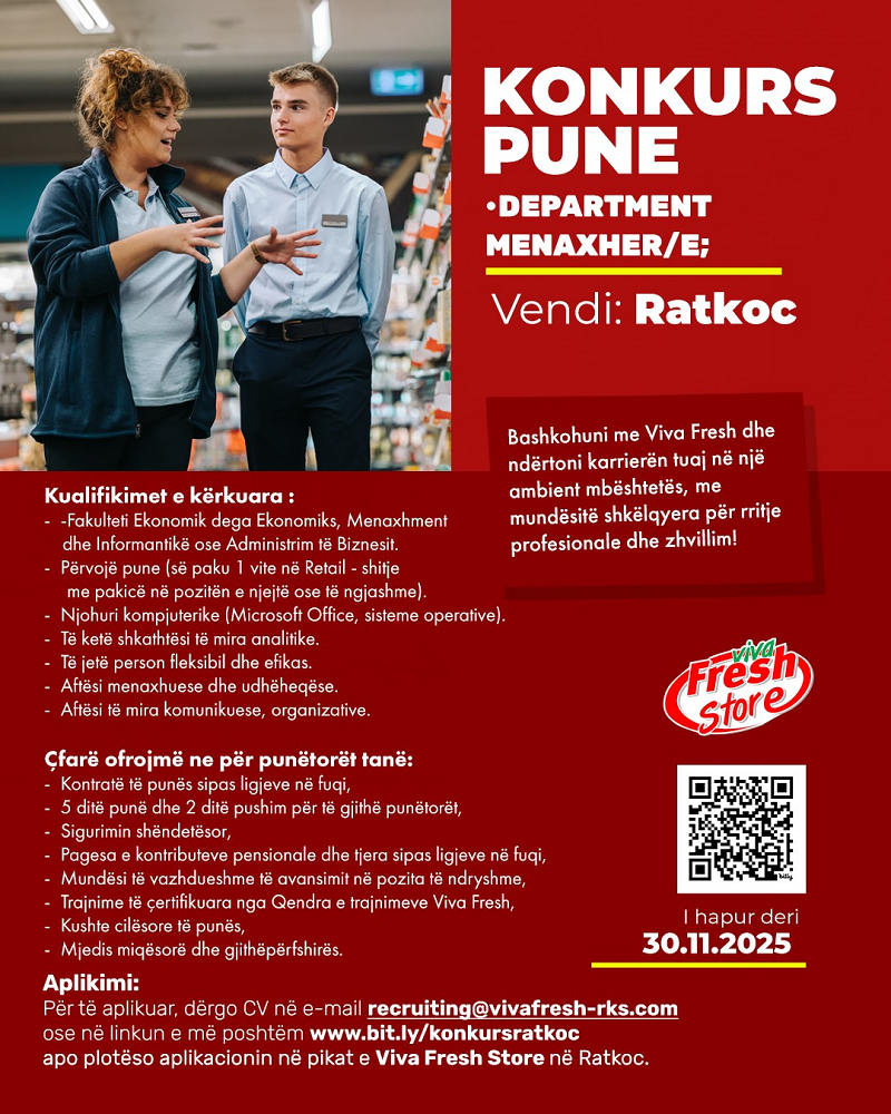 Department Menaxher/e - Ratkoc (Rahovec)